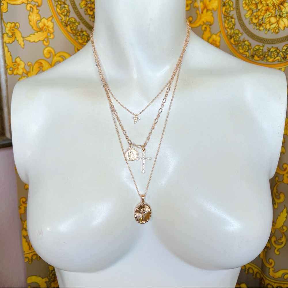 Gold plated Virgin Mary Cross oval Christ crystal layered adjustable necklace